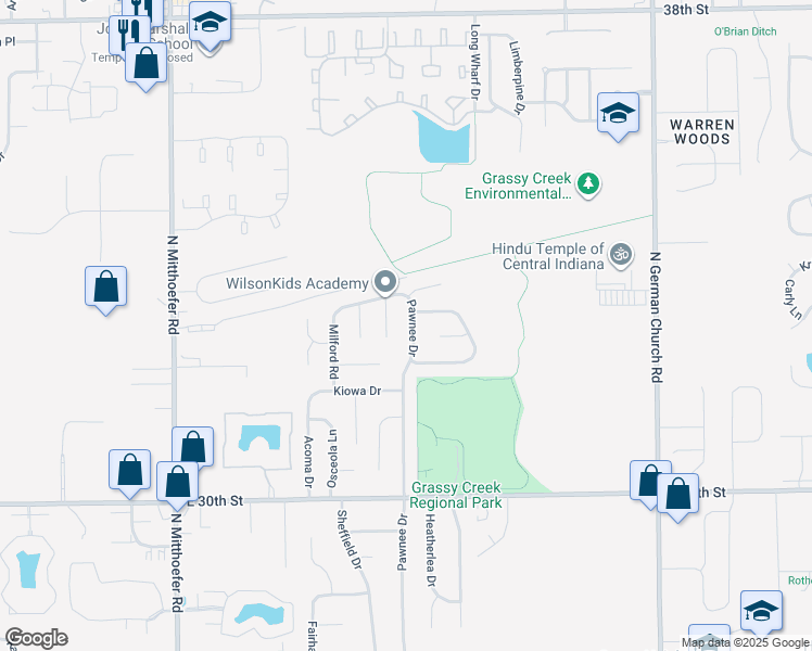 map of restaurants, bars, coffee shops, grocery stores, and more near 3310 Pawnee Drive in Indianapolis