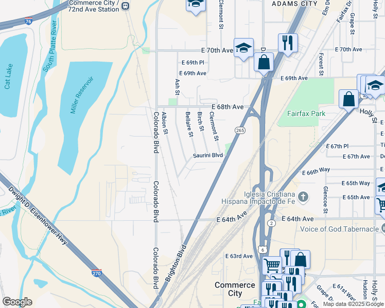 map of restaurants, bars, coffee shops, grocery stores, and more near 6660 Bellaire Street in Commerce City