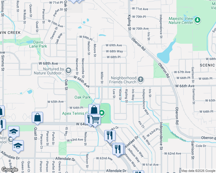 map of restaurants, bars, coffee shops, grocery stores, and more near Lewis Street in Arvada