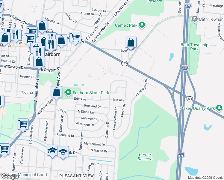 map of restaurants, bars, coffee shops, grocery stores, and more near 460 Kirkwood Drive in Fairborn