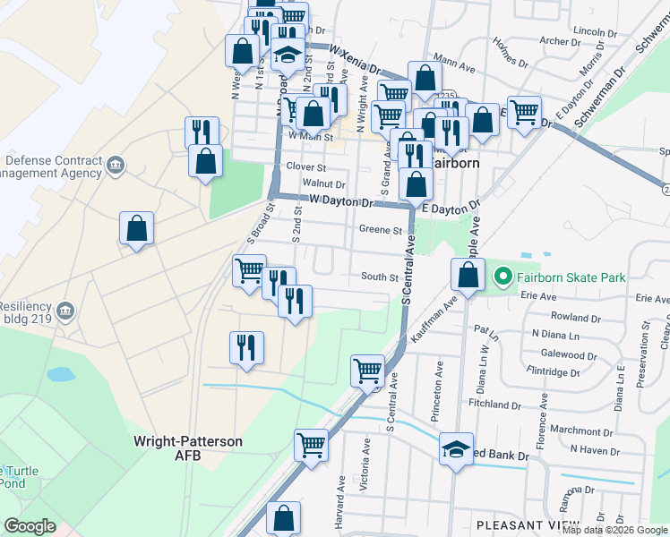 map of restaurants, bars, coffee shops, grocery stores, and more near 309 Arms Drive in Fairborn
