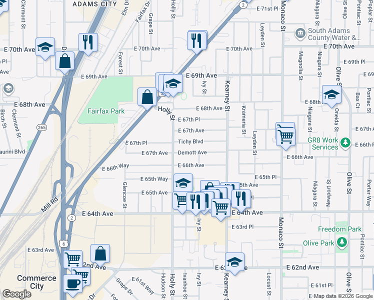 map of restaurants, bars, coffee shops, grocery stores, and more near 5720 Tichy Boulevard in Commerce City