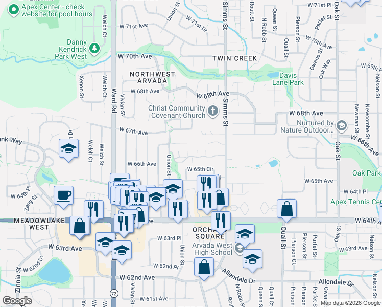 map of restaurants, bars, coffee shops, grocery stores, and more near 11968 West 66th Lane in Arvada