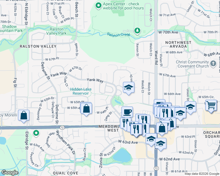 map of restaurants, bars, coffee shops, grocery stores, and more near 6799 Xenon Drive in Arvada