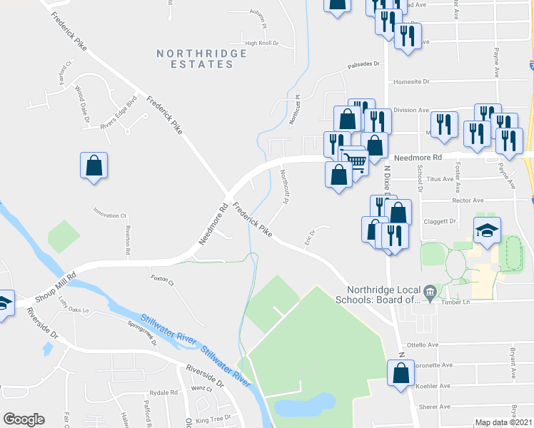 map of restaurants, bars, coffee shops, grocery stores, and more near 4949 Northcutt Place in Dayton