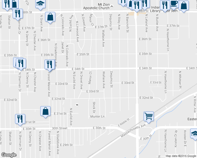 map of restaurants, bars, coffee shops, grocery stores, and more near 3356 Wallace Avenue in Indianapolis