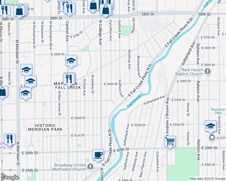 map of restaurants, bars, coffee shops, grocery stores, and more near 775 East 34th Street in Indianapolis