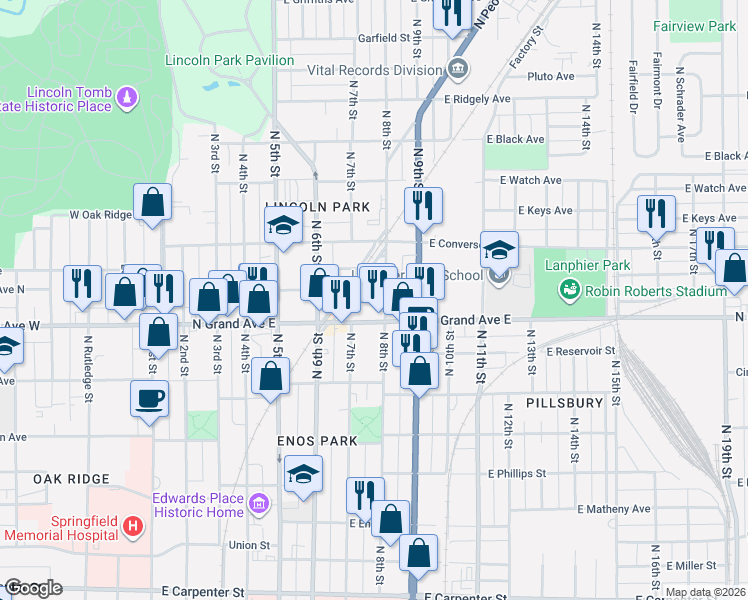 map of restaurants, bars, coffee shops, grocery stores, and more near 1232 A North 8th Street in Springfield