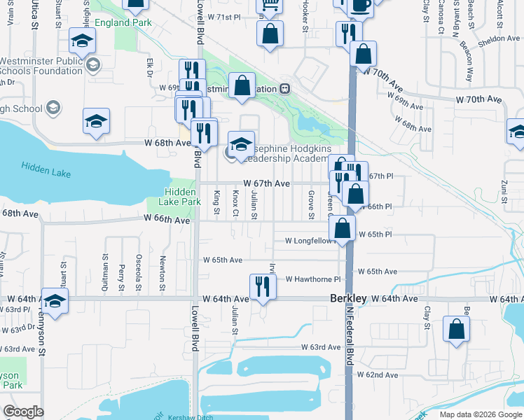 map of restaurants, bars, coffee shops, grocery stores, and more near 6639 Irving Street in Denver
