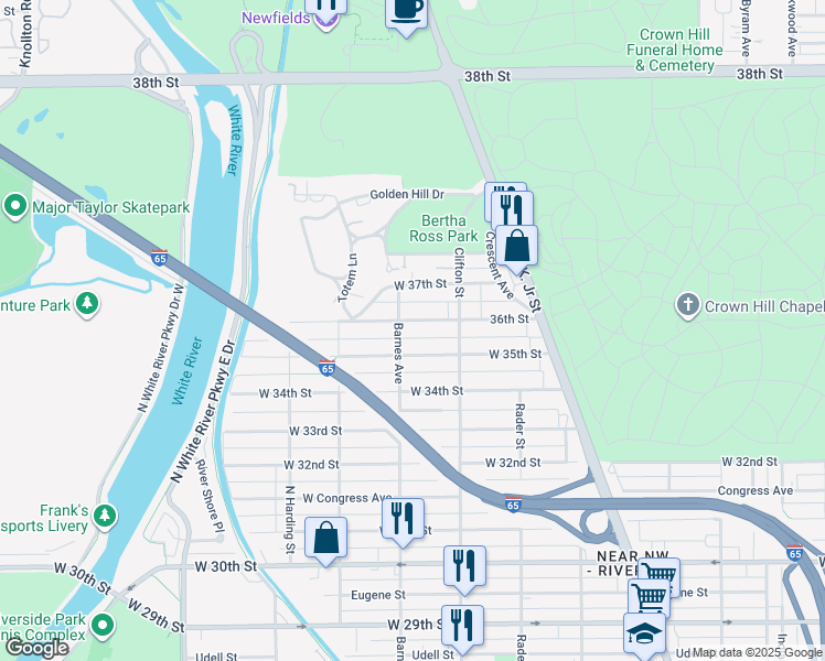 map of restaurants, bars, coffee shops, grocery stores, and more near 1156 36th Street in Indianapolis