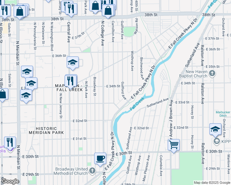 map of restaurants, bars, coffee shops, grocery stores, and more near 775 East 34th Street in Indianapolis