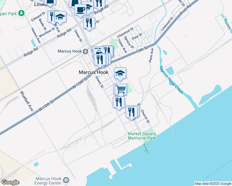 map of restaurants, bars, coffee shops, grocery stores, and more near 614 Market Street in Marcus Hook