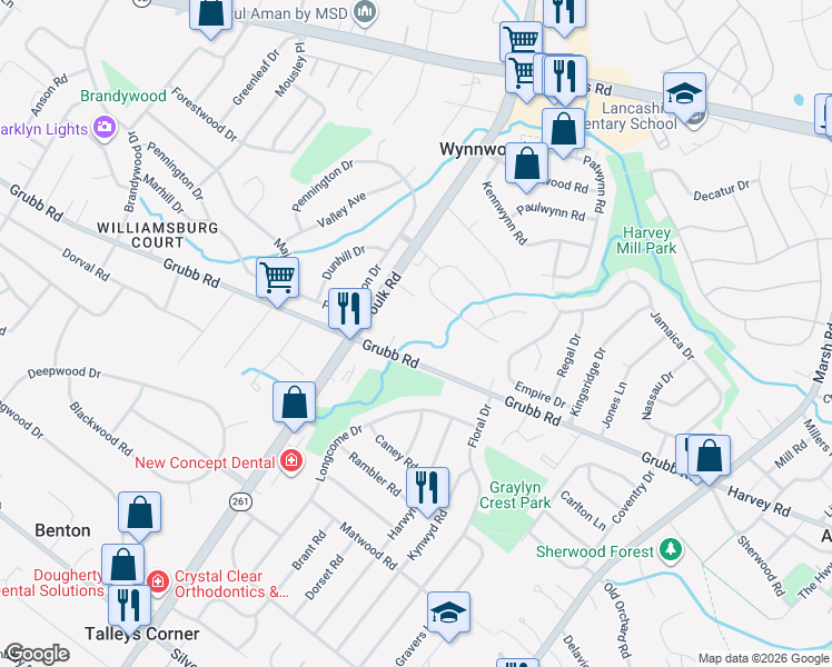 map of restaurants, bars, coffee shops, grocery stores, and more near 2112 Foulk Road in Wilmington