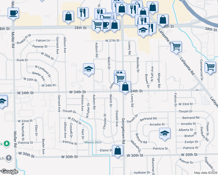 map of restaurants, bars, coffee shops, grocery stores, and more near 3408 Donald Avenue in Indianapolis