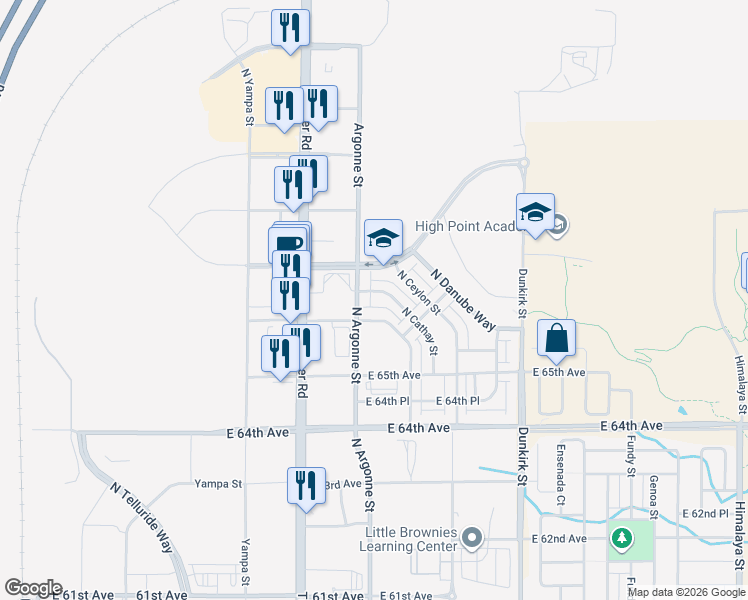 map of restaurants, bars, coffee shops, grocery stores, and more near 18750 East 66th Place in Denver