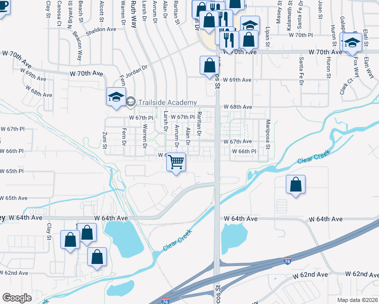 map of restaurants, bars, coffee shops, grocery stores, and more near 1814 West 67th Avenue in Denver