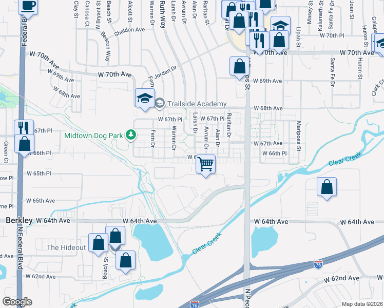 map of restaurants, bars, coffee shops, grocery stores, and more near 6652 Larsh Drive in Denver