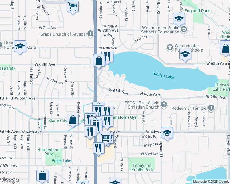 map of restaurants, bars, coffee shops, grocery stores, and more near 6889 Xavier Circle in Westminster
