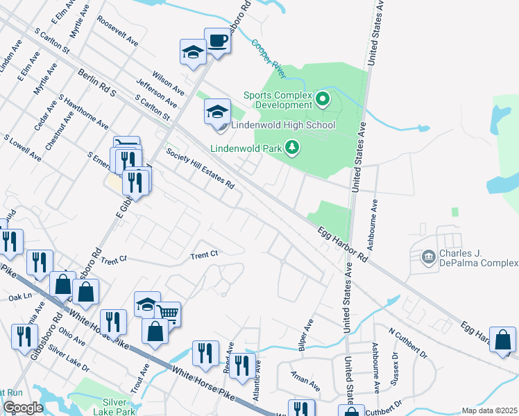map of restaurants, bars, coffee shops, grocery stores, and more near 3316 Arborwood in Lindenwold