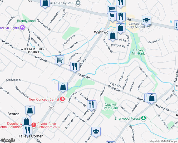 map of restaurants, bars, coffee shops, grocery stores, and more near 2112 Foulk Road in Wilmington