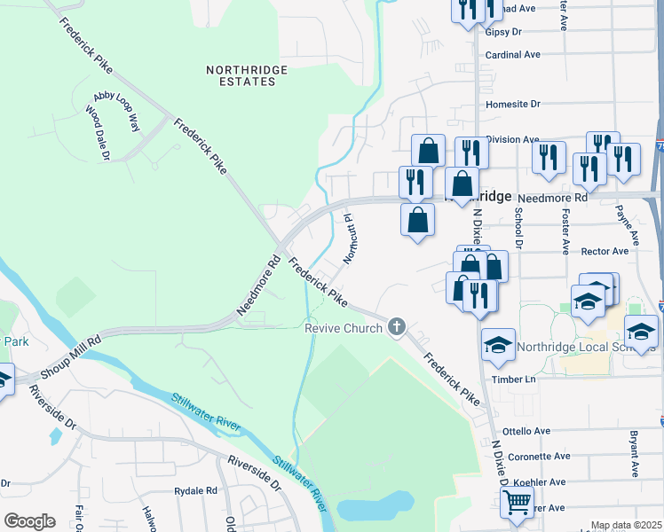 map of restaurants, bars, coffee shops, grocery stores, and more near 4949 Northcutt Place in Dayton