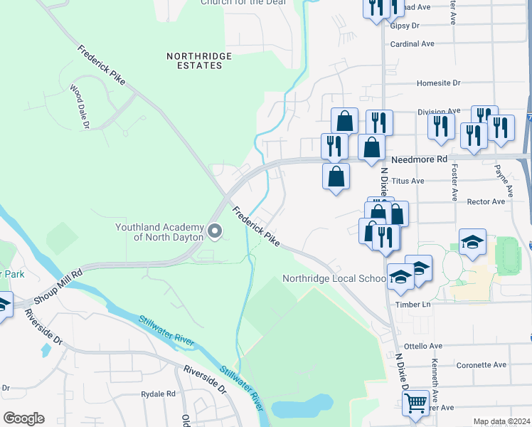 map of restaurants, bars, coffee shops, grocery stores, and more near 4949 Northcutt Place in Dayton