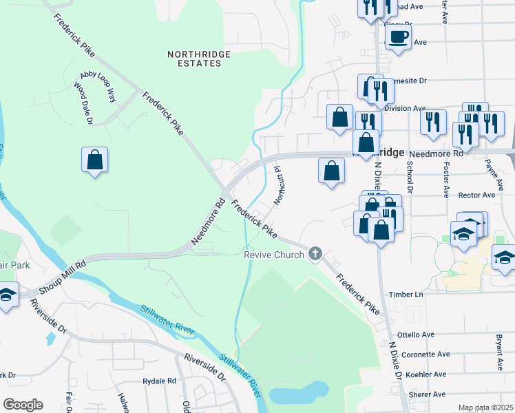 map of restaurants, bars, coffee shops, grocery stores, and more near 4949 Northcutt Place in Dayton