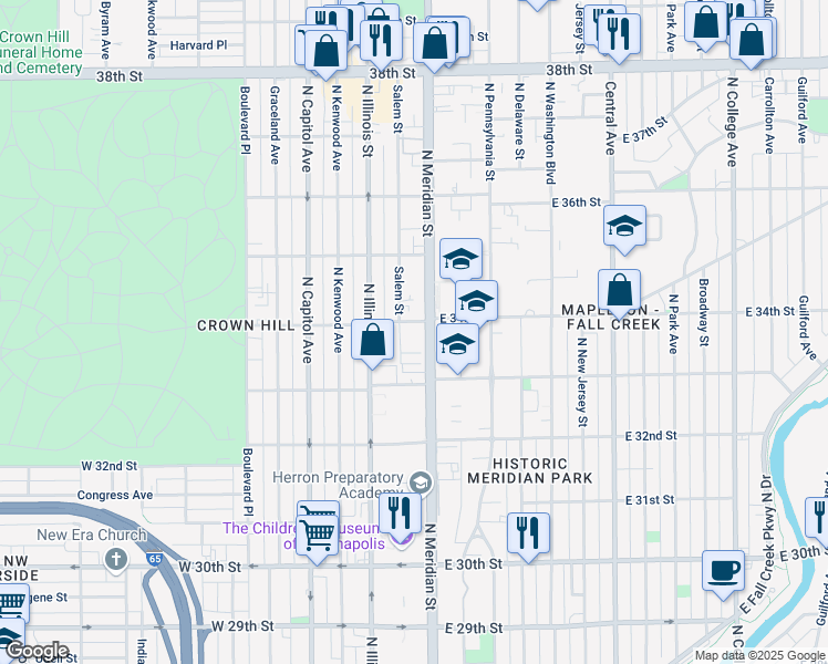 map of restaurants, bars, coffee shops, grocery stores, and more near in Indianapolis