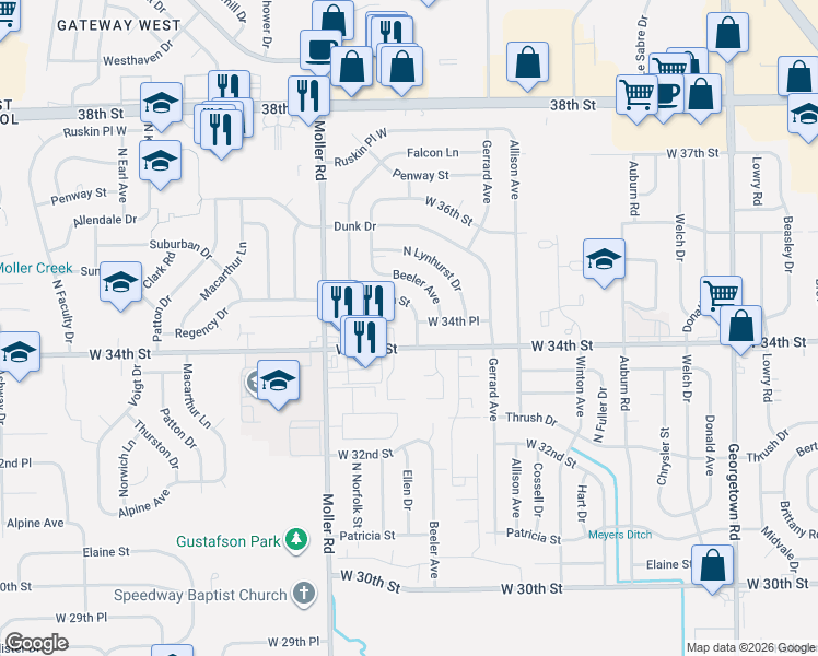 map of restaurants, bars, coffee shops, grocery stores, and more near 5345 West 35th Street in Indianapolis