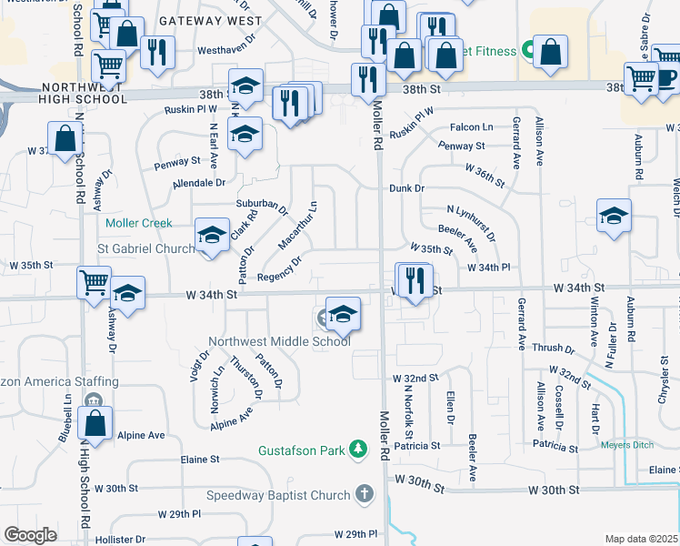 map of restaurants, bars, coffee shops, grocery stores, and more near 5531 Scarlet Drive in Indianapolis