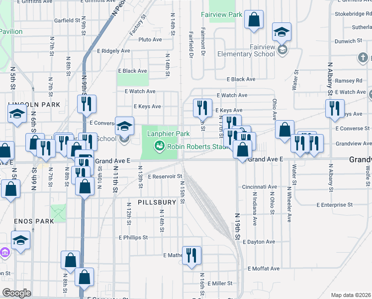 map of restaurants, bars, coffee shops, grocery stores, and more near 1500-1598 E Cummins Ave in Springfield