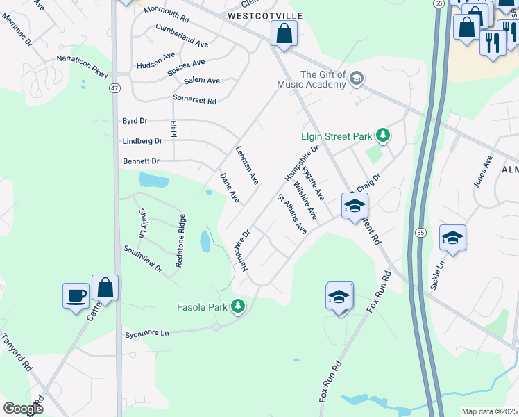 map of restaurants, bars, coffee shops, grocery stores, and more near 133 Hampshire Drive in Deptford