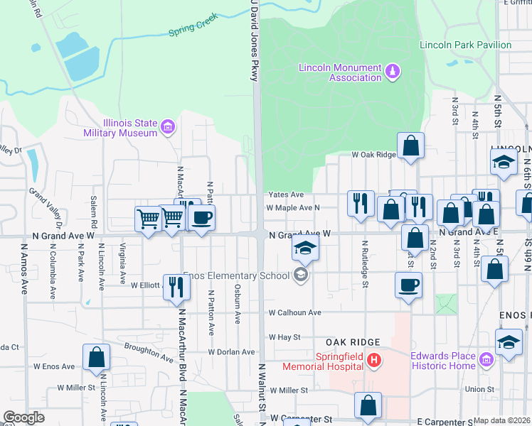 map of restaurants, bars, coffee shops, grocery stores, and more near 1220 North Poole Avenue in Springfield