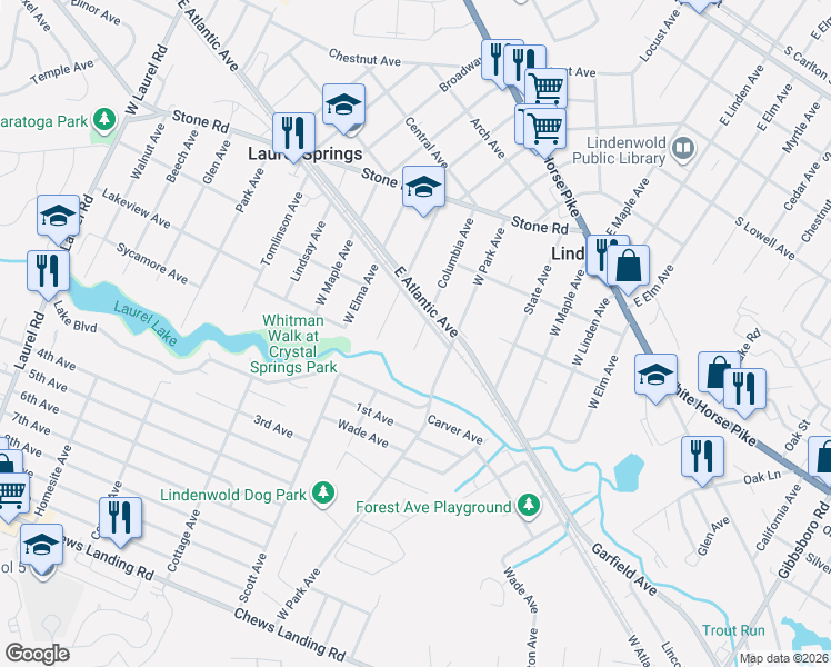 map of restaurants, bars, coffee shops, grocery stores, and more near 46 East Atlantic Avenue in Lindenwold
