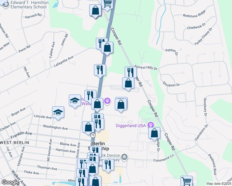 map of restaurants, bars, coffee shops, grocery stores, and more near 150 Cooper Road in Berlin Township