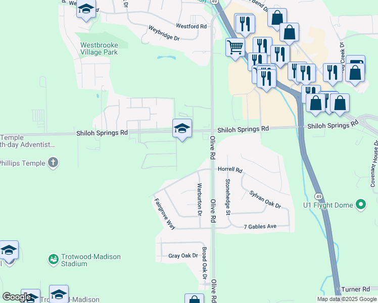 map of restaurants, bars, coffee shops, grocery stores, and more near 3100 Shiloh Springs Road in Trotwood
