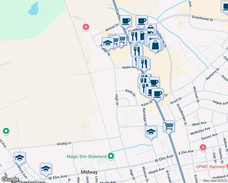 map of restaurants, bars, coffee shops, grocery stores, and more near 1028 High Street in Hanover