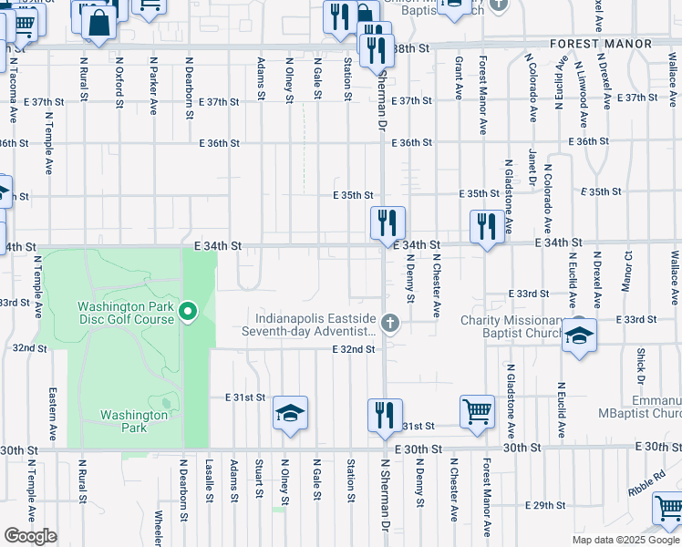 map of restaurants, bars, coffee shops, grocery stores, and more near 3374 Station Street in Indianapolis