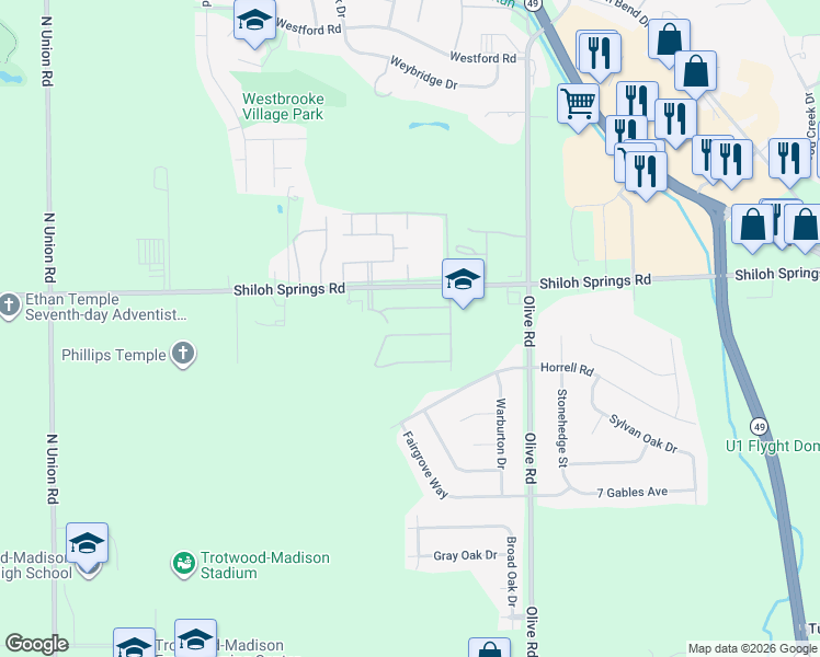 map of restaurants, bars, coffee shops, grocery stores, and more near 803 Kelford Place in Trotwood