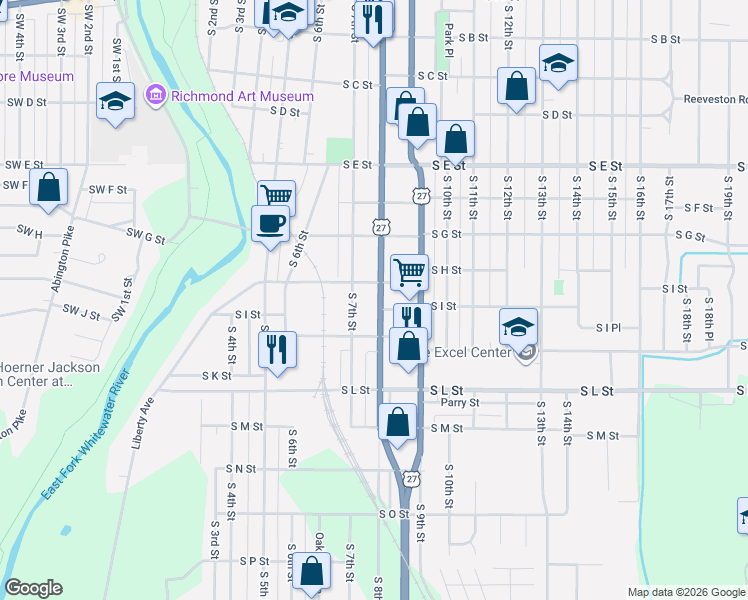 map of restaurants, bars, coffee shops, grocery stores, and more near 805 South 7th Street in Richmond
