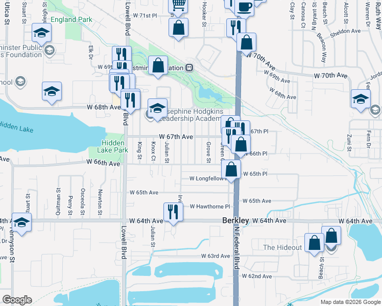 map of restaurants, bars, coffee shops, grocery stores, and more near 6656 Hooker Street in Denver