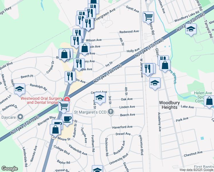 map of restaurants, bars, coffee shops, grocery stores, and more near 240 Elm Avenue in Woodbury Heights