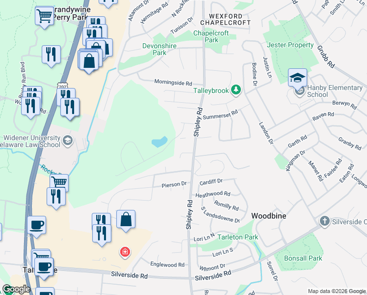 map of restaurants, bars, coffee shops, grocery stores, and more near 8 Emma Court in Wilmington