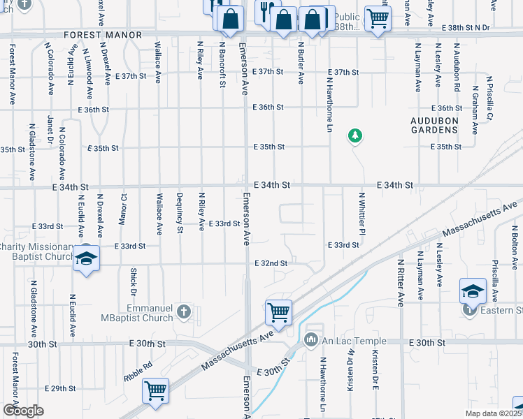 map of restaurants, bars, coffee shops, grocery stores, and more near 3332 Mardenna Avenue in Indianapolis