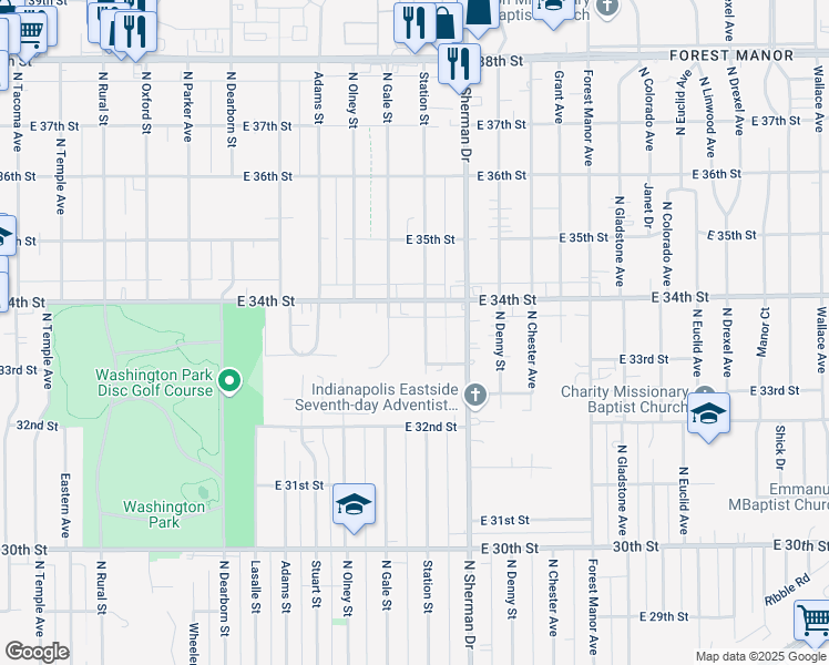 map of restaurants, bars, coffee shops, grocery stores, and more near 3374 Station Street in Indianapolis