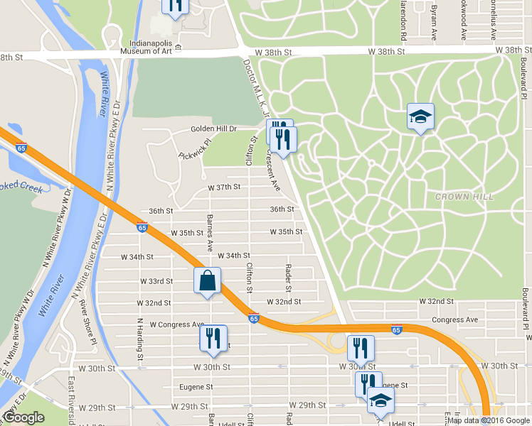 map of restaurants, bars, coffee shops, grocery stores, and more near 1042 36th Street in Indianapolis
