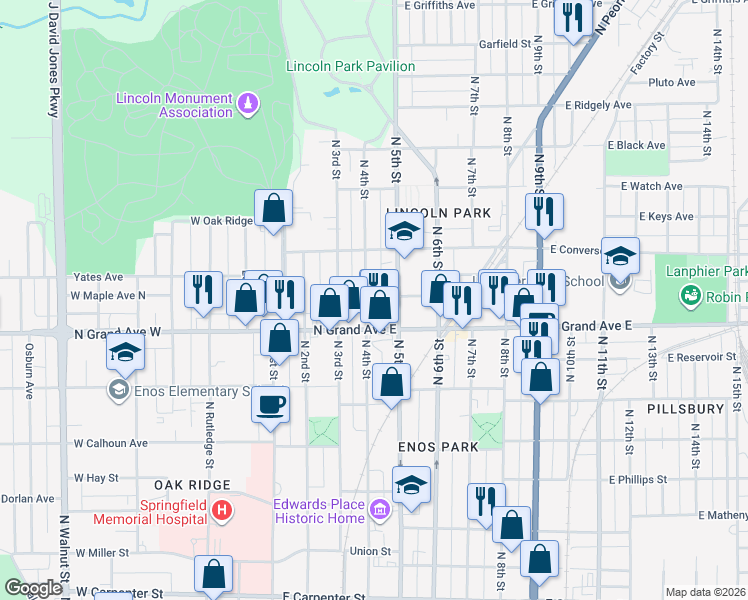 map of restaurants, bars, coffee shops, grocery stores, and more near 1244 North 4th Street in Springfield