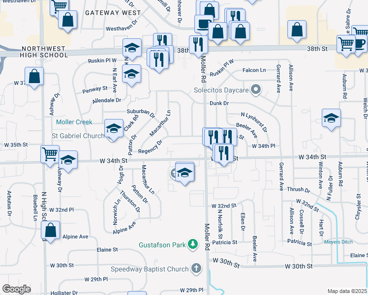 map of restaurants, bars, coffee shops, grocery stores, and more near 5505 Scarlet Drive in Indianapolis