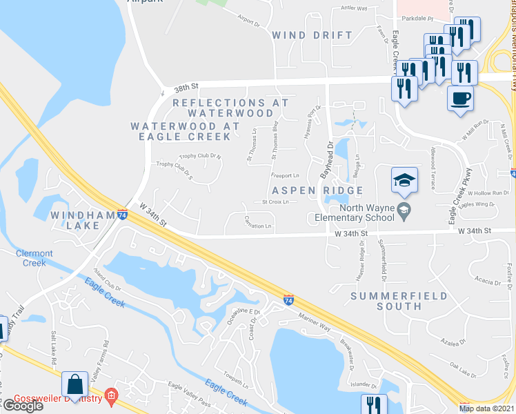 map of restaurants, bars, coffee shops, grocery stores, and more near 7432 Red Bluff Drive in Indianapolis
