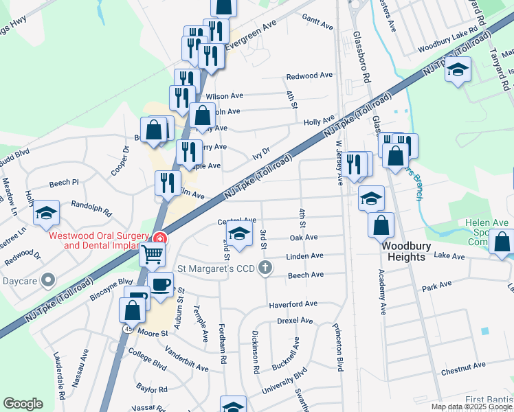 map of restaurants, bars, coffee shops, grocery stores, and more near 240 Elm Avenue in Woodbury Heights